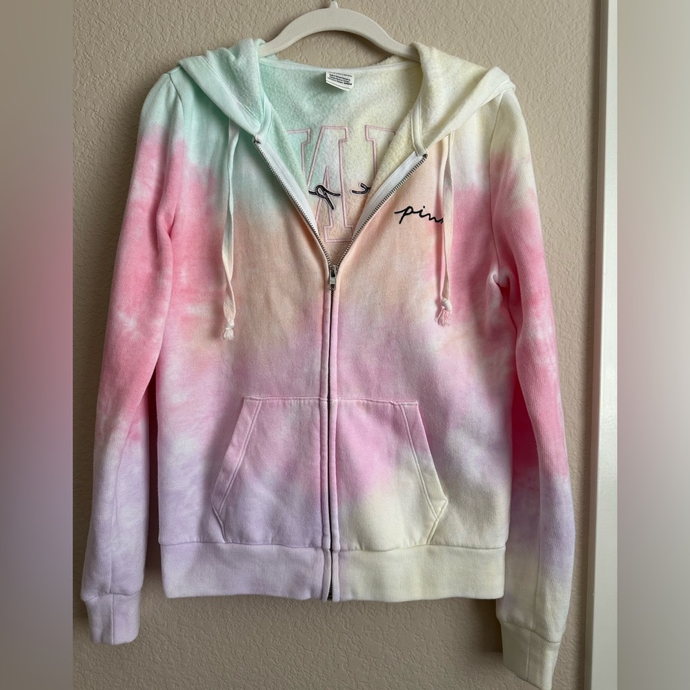 Pink brand tie dye rainbow zip up light-weight cotton hoodie, like new
